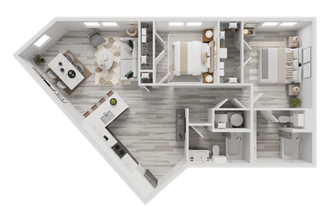 Floor plan for 2 beds, 2 baths, 1005 sqft